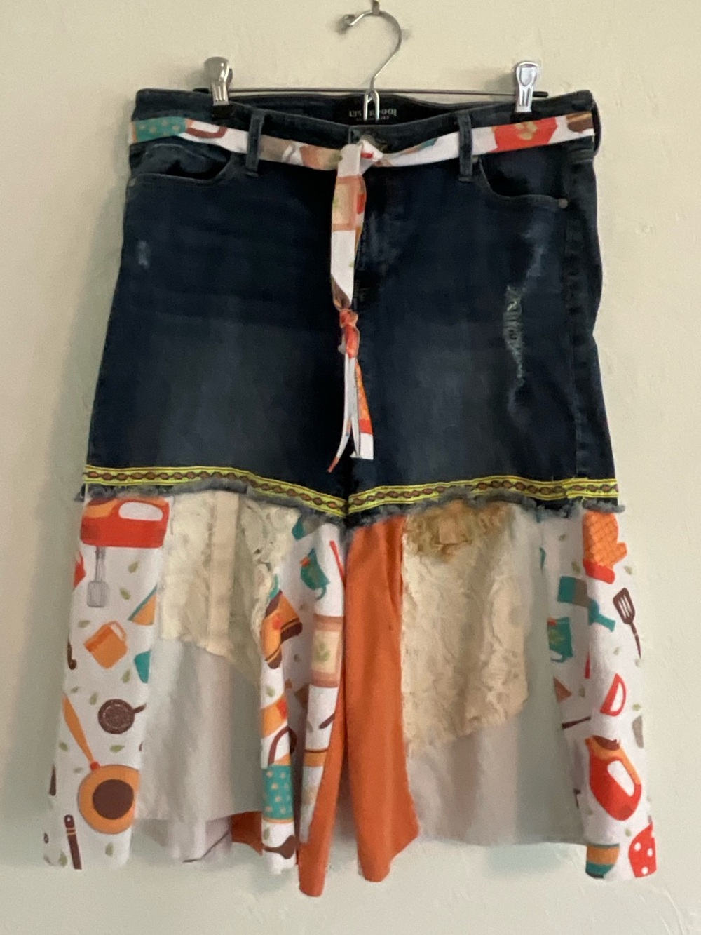 Upcycled Denim short into a handmade Mixed Media longer skirt look Size 12